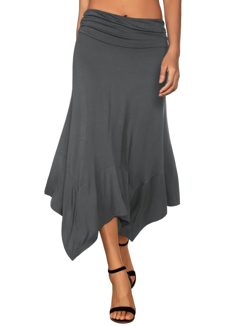 DJT Women's Ruched Elastic Waist Soft Flowy Handkerchief Hem Midi Swing Skirt Large Dark Grey - Image 1